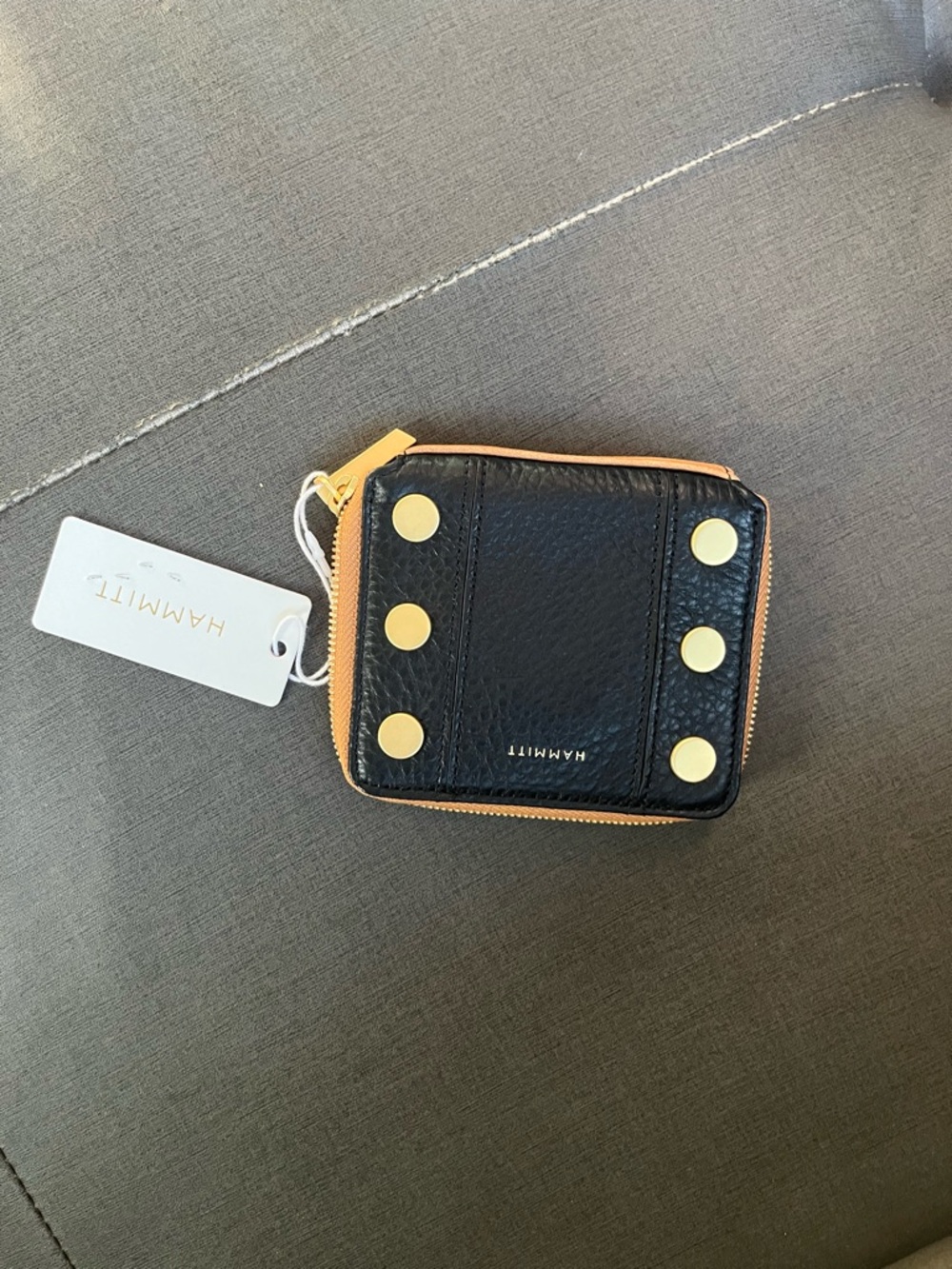 Hammitt Black Leather Zip Wallet with Gold Stud Accents and Tan Trim - Picture 2 of 4